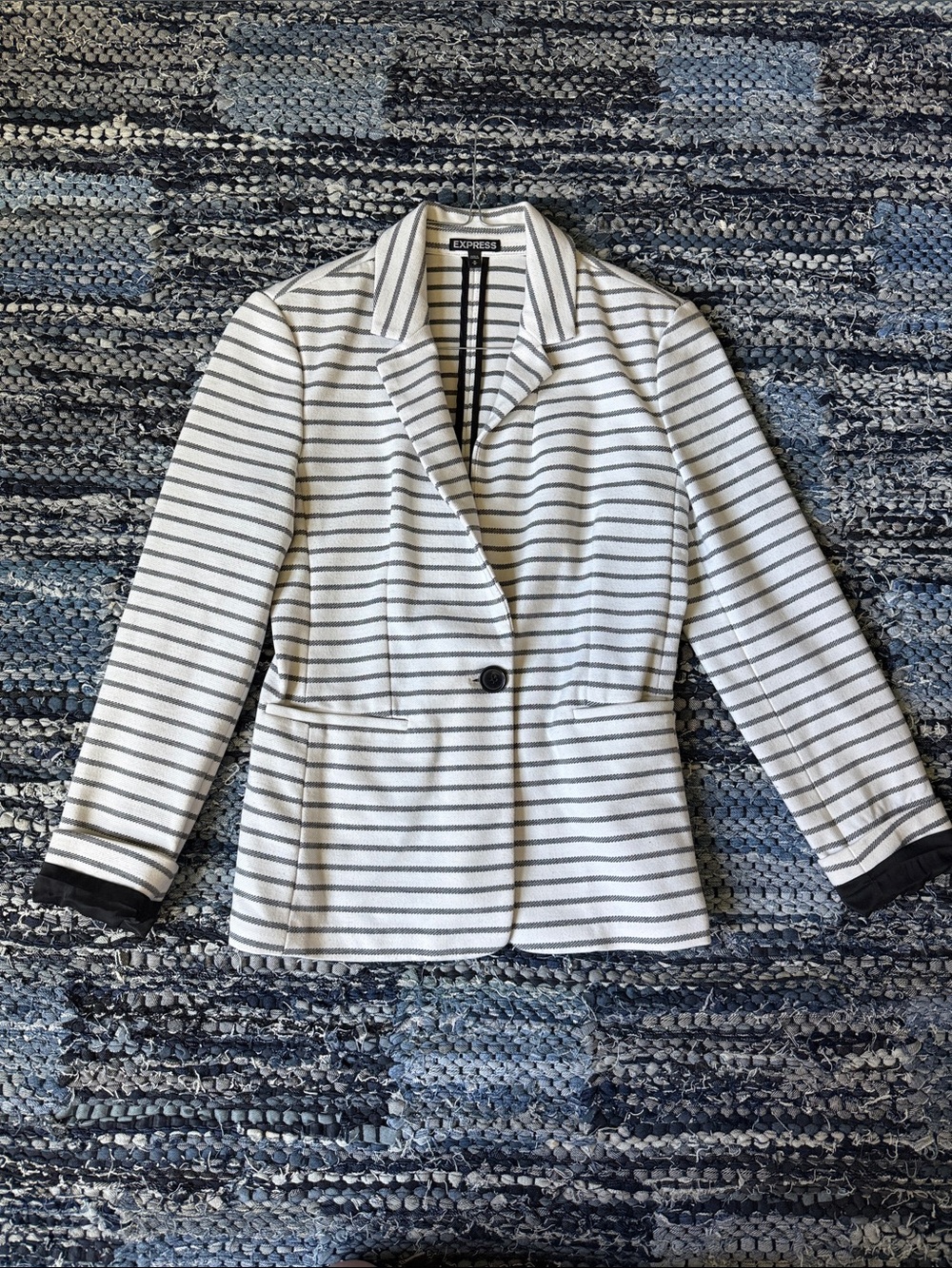 BOGO Express Striped White and Gray Single-Button Blazer